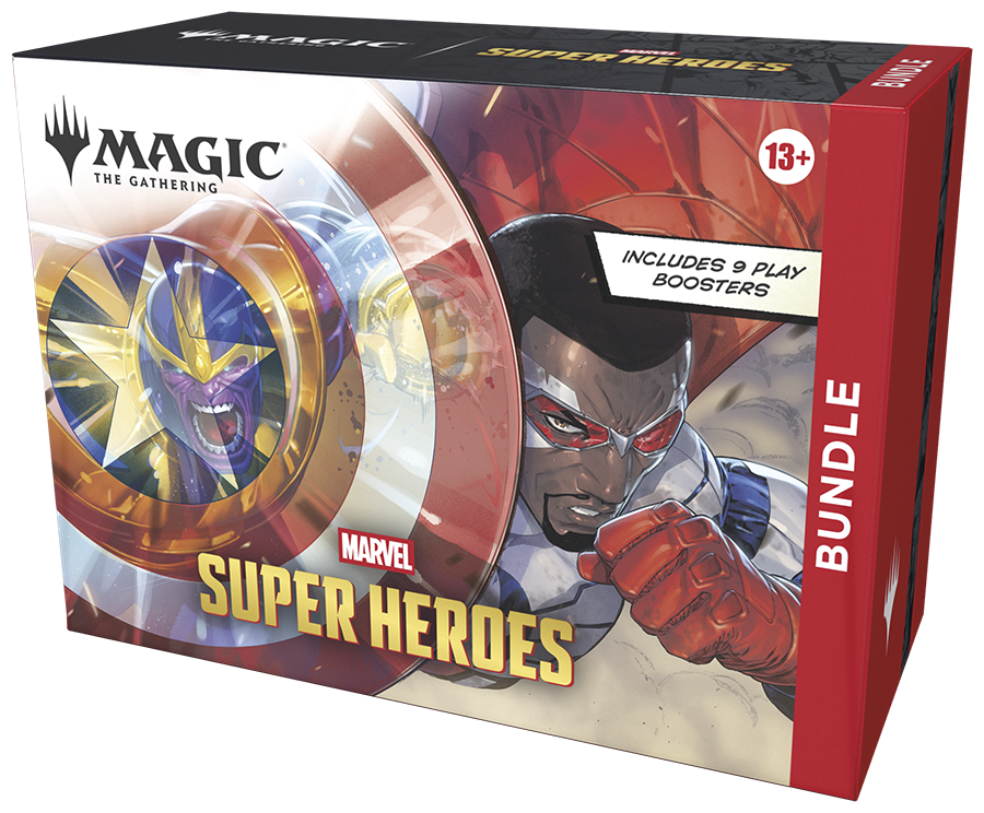 Magic: The Gathering - Marvel Super Heroes - Bundle (PREORDER) - The Gathering Marvel Super Heroes Bundle box featuring vibrant artwork of Marvel characters with a red, black, and gold.