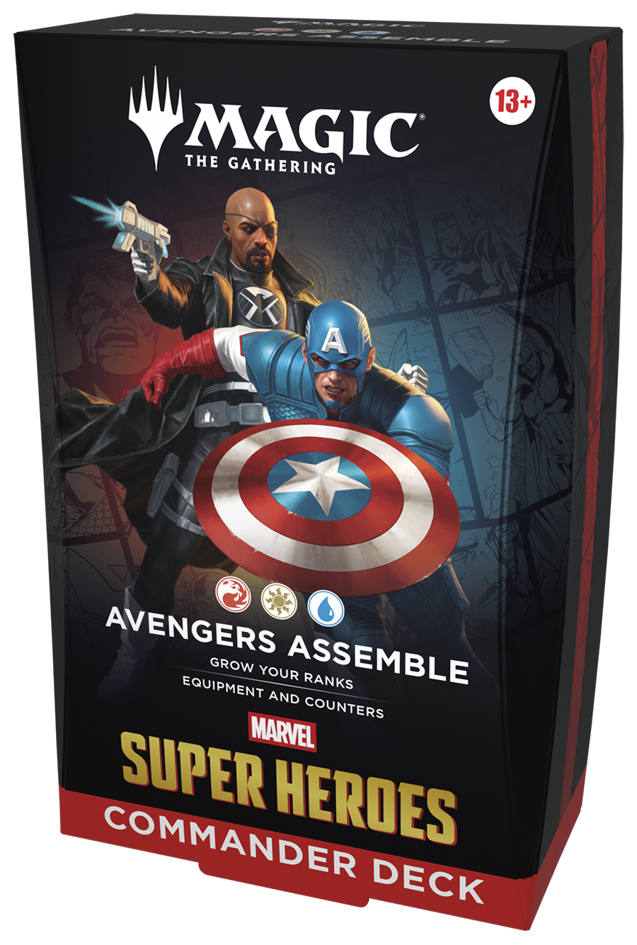 Magic: The Gathering - Marvel Super Heroes Commander Deck - Avengers Assemble (PREORDER) - The Gathering Marvel Super Heroes Commander Deck box featuring Avengers Assemble with Captain America and Nick Fury artwork.