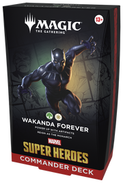 Magic: The Gathering - Marvel Super Heroes Commander Deck - Wakanda Forever (PREORDER) - The Gathering Marvel Super Heroes Commander Deck box featuring Black Panther artwork on a black background with red and.