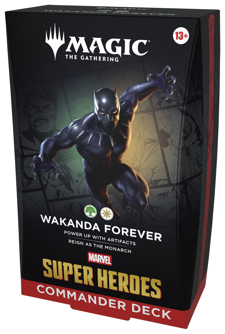 Magic: The Gathering - Marvel Super Heroes Commander Deck - Wakanda Forever (PREORDER) - The Gathering Marvel Super Heroes Commander Deck box featuring Black Panther artwork on a black background with red and.