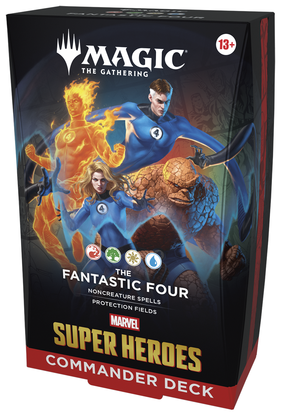 Magic: The Gathering - Marvel Super Heroes Commander Deck - The Fanta (PREORDER) - The Gathering Marvel Super Heroes Commander Deck box featuring The Fantastic Four with vibrant character artwork on black.