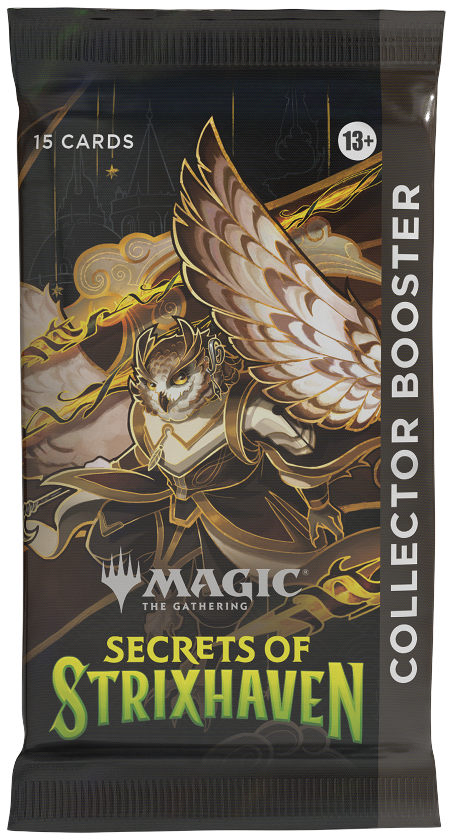 Magic: The Gathering - Secrets of Strixhaven Collector Booster Pack - The Gathering Secrets of Strixhaven Collector Booster pack featuring a detailed winged owl illustration and bold green text.