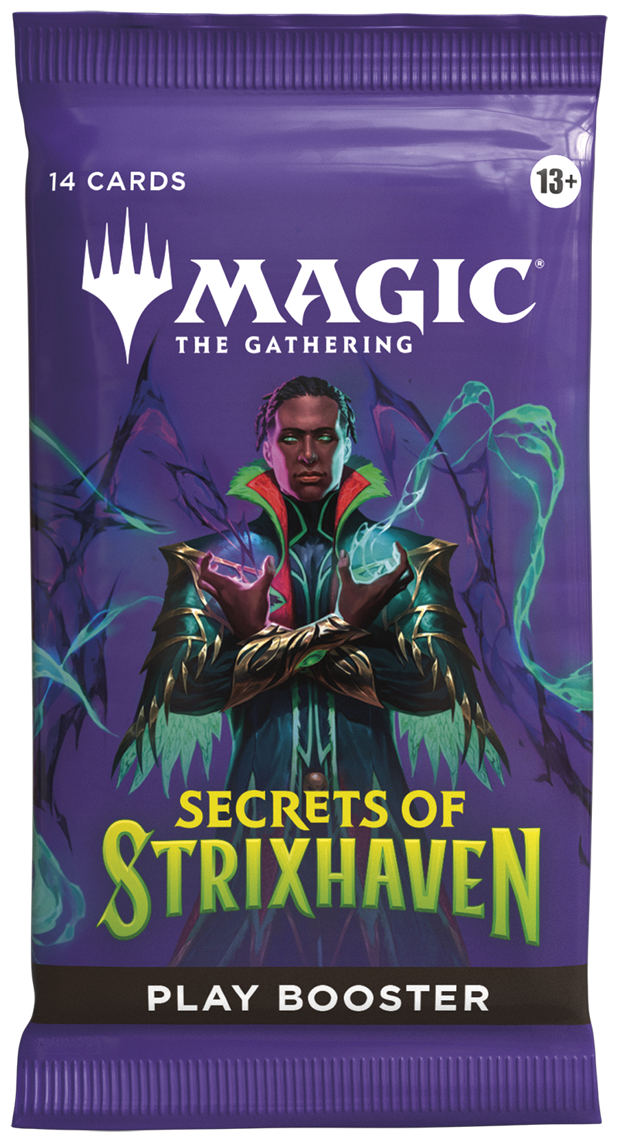 Magic: The Gathering - Secrets of Strixhaven Play Booster Pack - The Gathering play booster pack with vibrant illustration of a character in glowing green robes and the text "Secrets of.