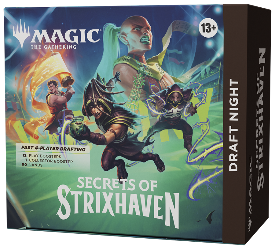 Magic: The Gathering - Secrets of Strixhaven Draft Night (PREORDER) - The Gathering Secrets of Strixhaven Draft Night box with fantasy characters and vibrant green and blue hues.