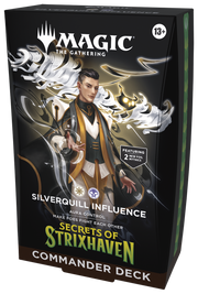 Magic: The Gathering - Secrets of Strixhaven Commander Deck - Silverquill Influence (PREORDER) - The Gathering Secrets of Strixhaven Commander Deck box featuring a character in white and gold robes casting magic with.