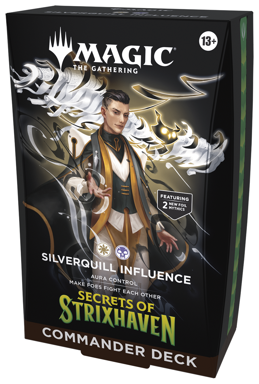 Magic: The Gathering - Secrets of Strixhaven Commander Deck - Silverquill Influence (PREORDER) - The Gathering Secrets of Strixhaven Commander Deck box featuring a character in white and gold robes casting magic with.