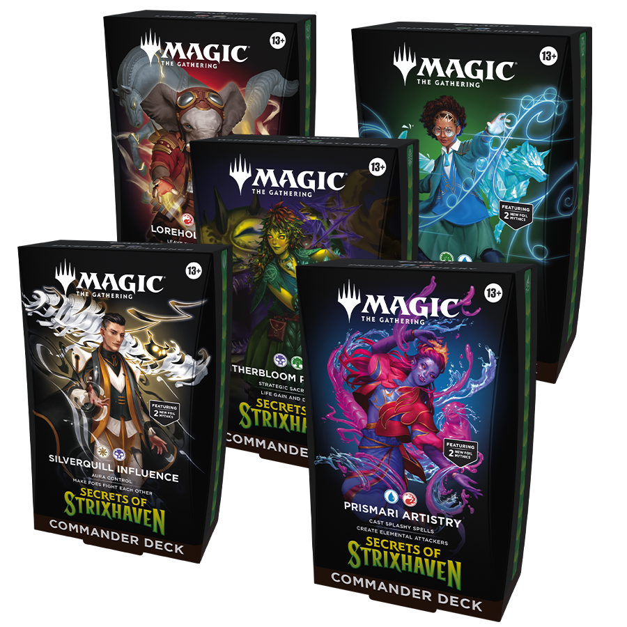 Magic: The Gathering - Secrets of Strixhaven Commander Deck 5-Pack (PREORDER) - The Gathering Secrets of Strixhaven commander deck boxes featuring unique fantasy characters on black backgrounds.