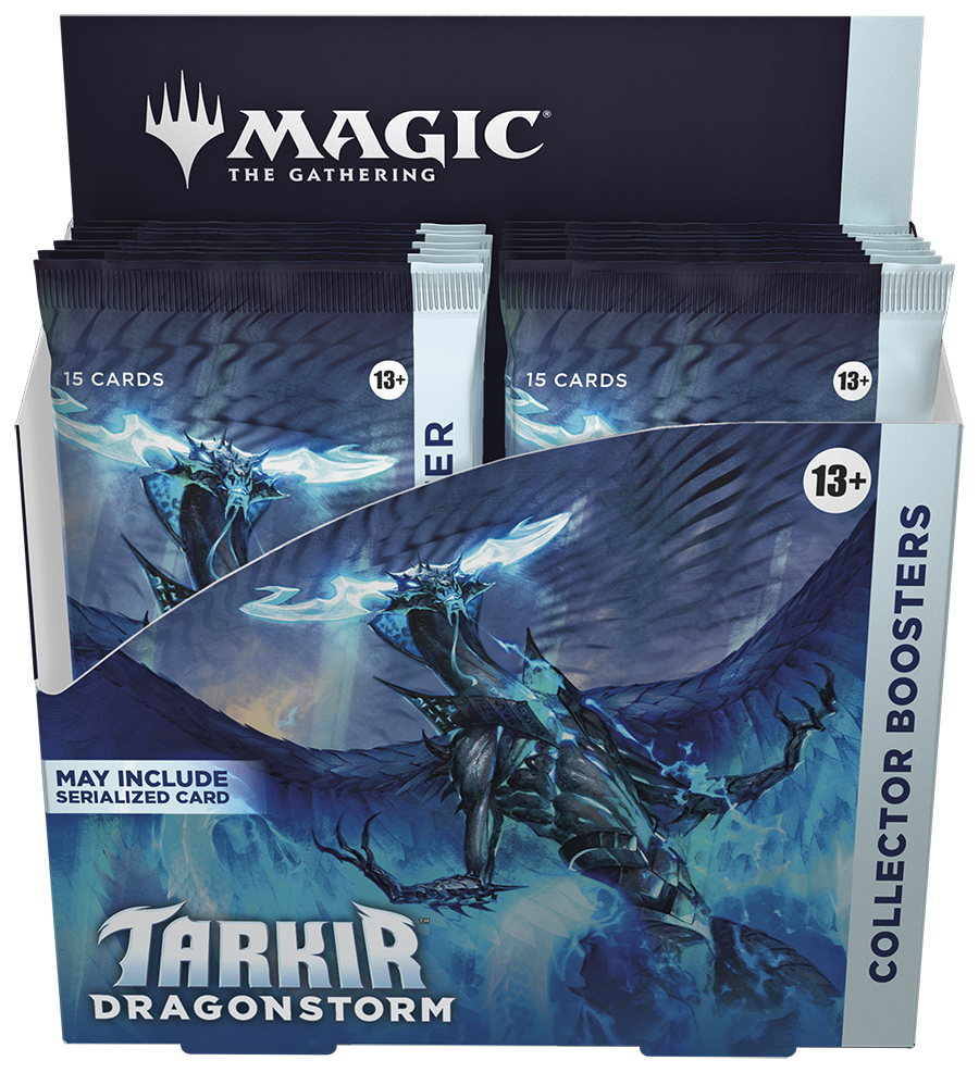 Magic: The Gathering - Tarkir: Dragonstorm - Collector Booster Box - The Gathering Tarkir: Dragonstorm featuring blue dragon artwork, dark blue packaging with white text and logos.