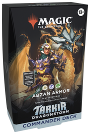 Magic: The Gathering - Tarkir: Dragonstorm - Abzan Armor Commander Deck - The Gathering Tarkir Dragonstorm Abzan Armor Commander Deck box featuring armored warrior and dragon artwork on black.