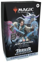 Magic: The Gathering - Tarkir: Dragonstorm - Jeskai Striker Commander Deck - The Gathering Tarkir Dragonstorm Jeskai Striker Commander Deck box with fantasy warrior and blue dragon artwork on black.