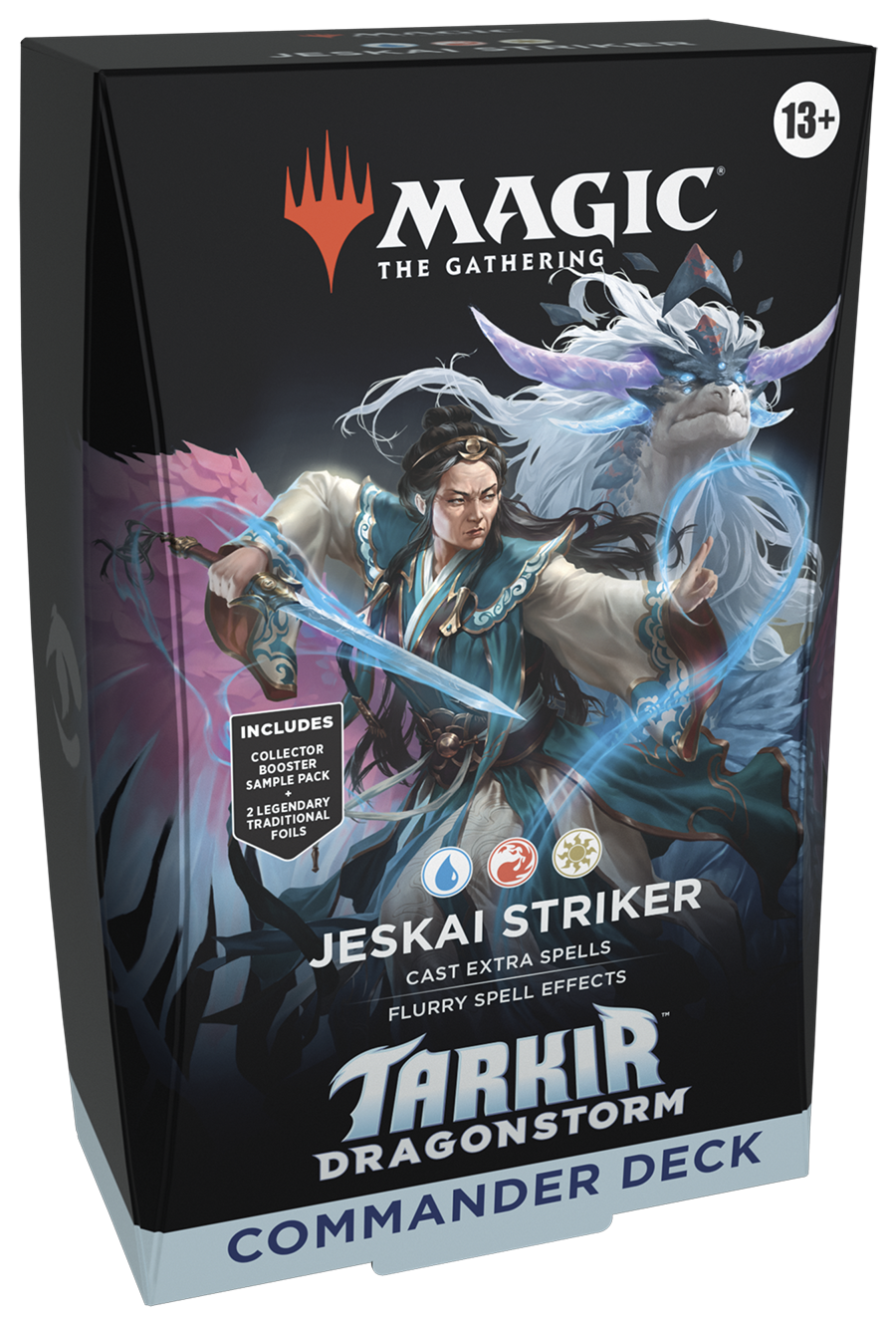 Magic: The Gathering - Tarkir: Dragonstorm - Jeskai Striker Commander Deck - The Gathering Tarkir Dragonstorm Jeskai Striker Commander Deck box with fantasy warrior and blue dragon artwork on black.