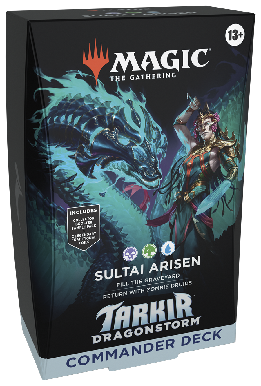 Magic: The Gathering - Tarkir: Dragonstorm - Sultai Arisen Commander Deck - The Gathering Tarkir Dragonstorm Sultai Arisen Commander Deck box with blue dragon and warrior artwork on black background.