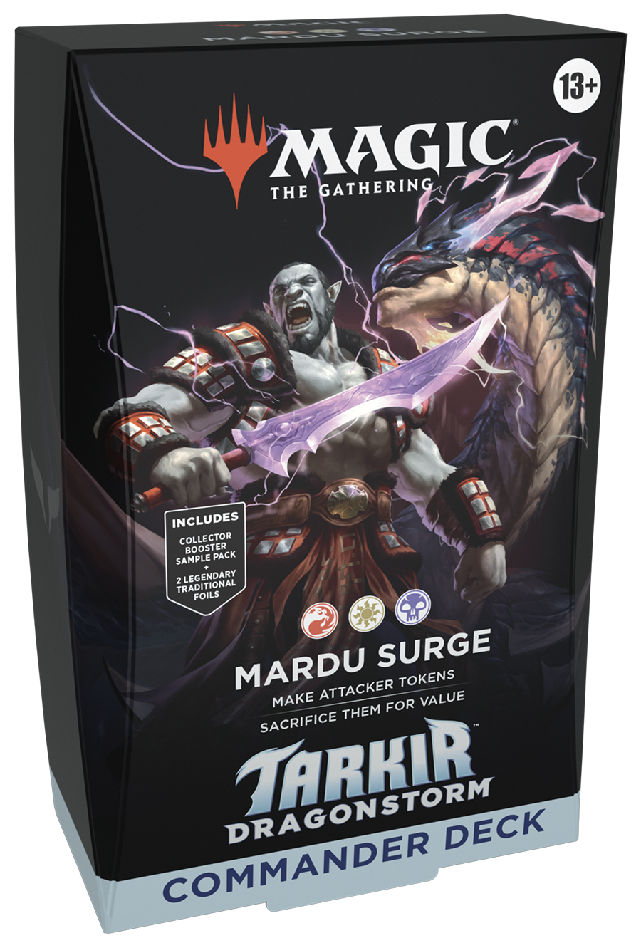 Magic: The Gathering - Tarkir: Dragonstorm - Mardu Surge Commander Deck - The Gathering Tarkir Dragonstorm Mardu Surge Commander Deck box featuring a warrior casting magic with a dragon behind him,.