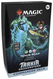 Magic: The Gathering - Tarkir: Dragonstorm - Temur Roar Commander Deck - The Gathering Temur Roar Commander Deck box featuring dynamic artwork of a warrior wielding a spear facing a swirling.