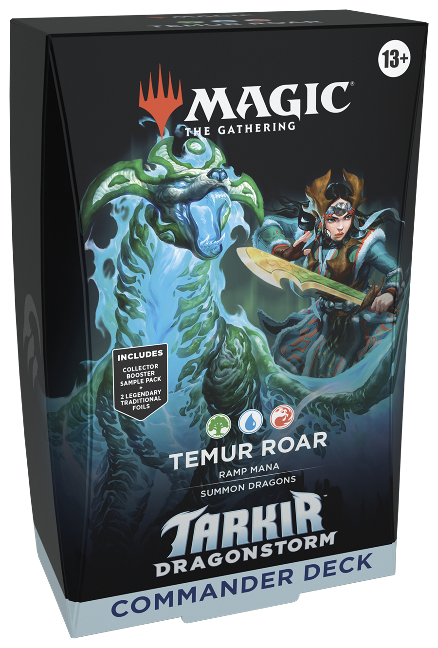 Magic: The Gathering - Tarkir: Dragonstorm - Temur Roar Commander Deck - The Gathering Temur Roar Commander Deck box featuring dynamic artwork of a warrior wielding a spear facing a swirling.