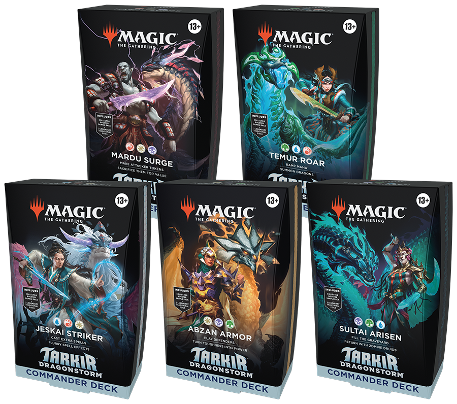 Magic: The Gathering - Tarkir: Dragonstorm - Commander Deck 5-pack - The Gathering Tarkir: Dragonstorm Commander Deck boxes with vibrant fantasy artwork featuring dragons and warriors in colors