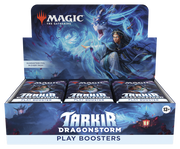Magic: The Gathering - Tarkir: Dragonstorm - Play Booster Box - The Gathering Tarkir: Dragonstorm Play Booster packs with dragon and wizard artwork in blue and purple tones.