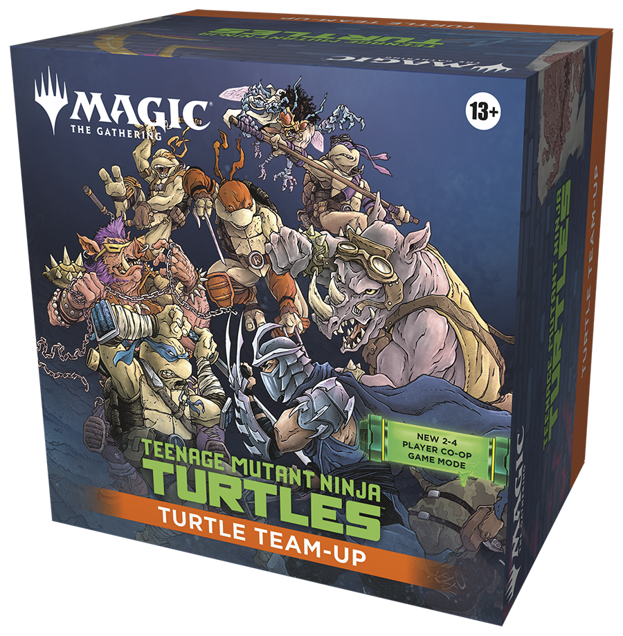 Magic: The Gathering - Teenage Mutant Ninja Turtles Team Up (PREORDER) - The Gathering Teenage Mutant Ninja Turtles Team Up box with cartoon turtles and villains on dark blue background.