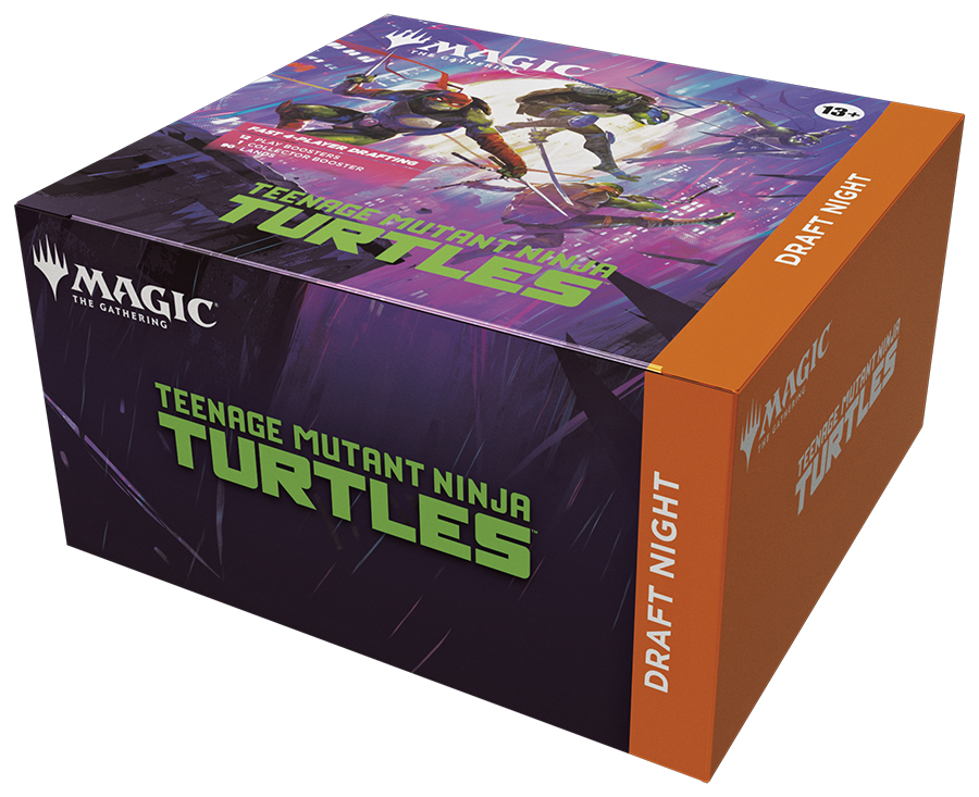 Magic: The Gathering - Teenage Mutant Ninja Turtles Draft Night (PREORDER) - The Gathering box featuring Teenage Mutant Ninja Turtles artwork with purple and green graphics, orange sides labeled "Draft