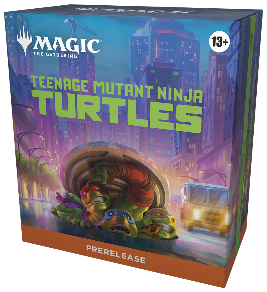 Magic: The Gathering - Teenage Mutant Ninja Turtles Prerelease Pack - The Gathering Teenage Mutant Ninja Turtles prerelease pack with colorful cityscape, purple and green box, featuring turtles.