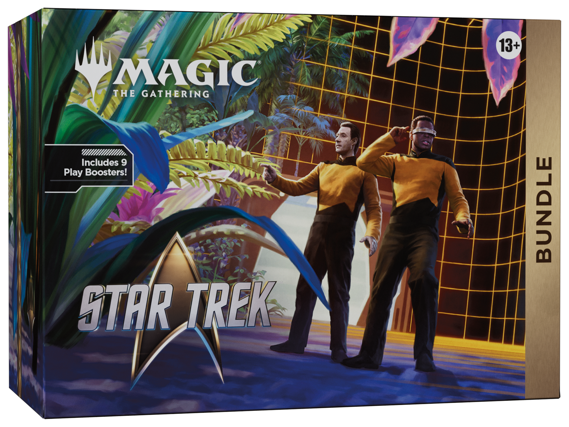Magic: The Gathering - Star Trek - Bundle (PREORDER) - The Gathering Star Trek Bundle box featuring Captain Kirk and Spock figures with vibrant sci-fi background and gold grid.