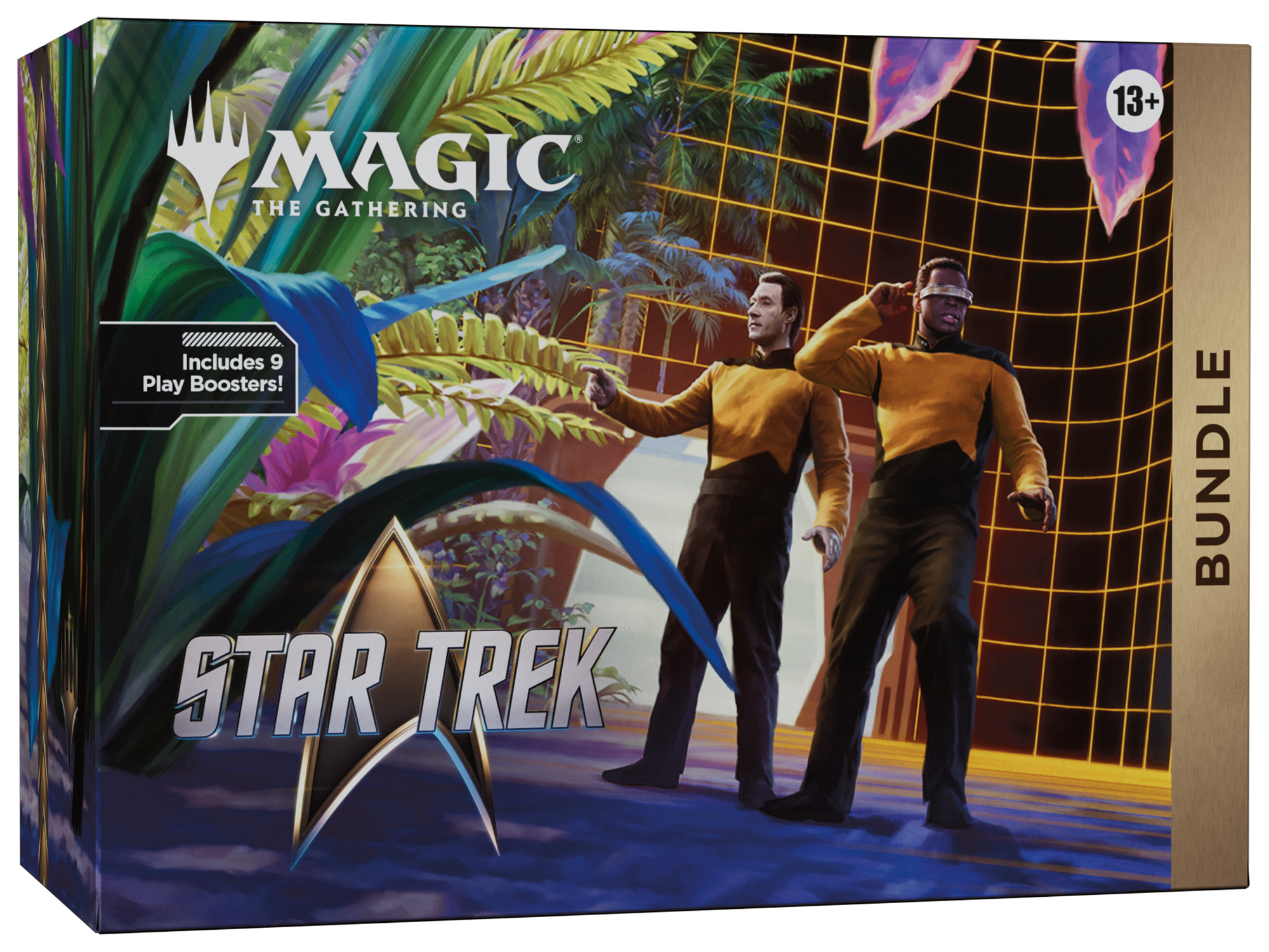 Magic: The Gathering - Star Trek - Bundle (PREORDER) - The Gathering Star Trek Bundle box featuring Captain Kirk and Spock figures with vibrant sci-fi background and gold grid.