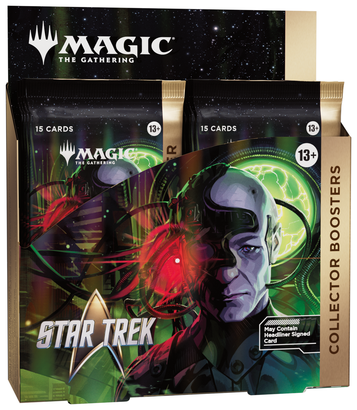 Magic: The Gathering - Star Trek - Collector Booster Box (PREORDER) - The Gathering Star Trek Collector Booster Box with two booster packs featuring vibrant sci-fi artwork, space background, and