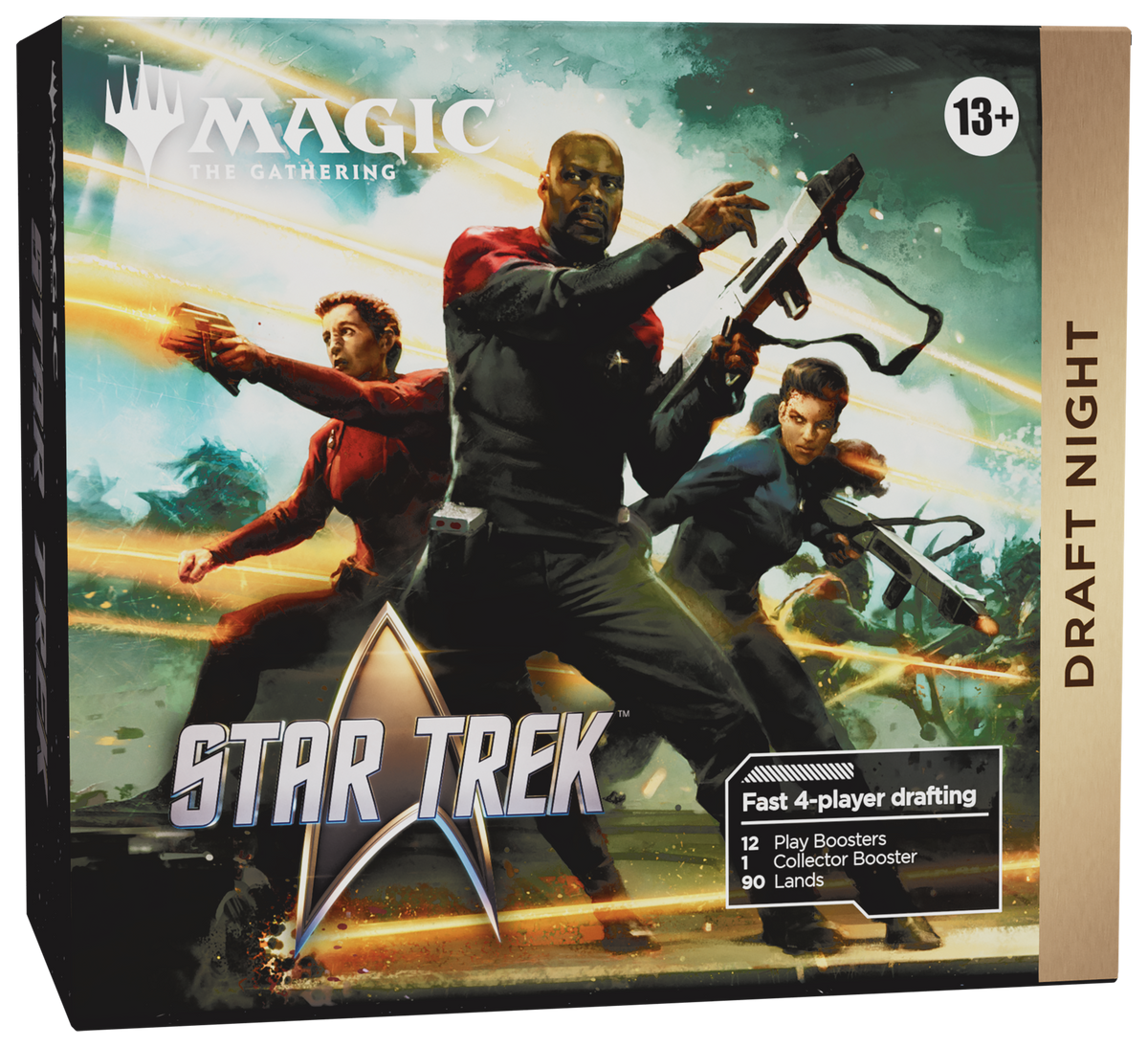 Magic: The Gathering - Star Trek - Draft Night (PREORDER) - The Gathering Star Trek Draft Night box featuring three Star Trek characters in action poses with green and orange.