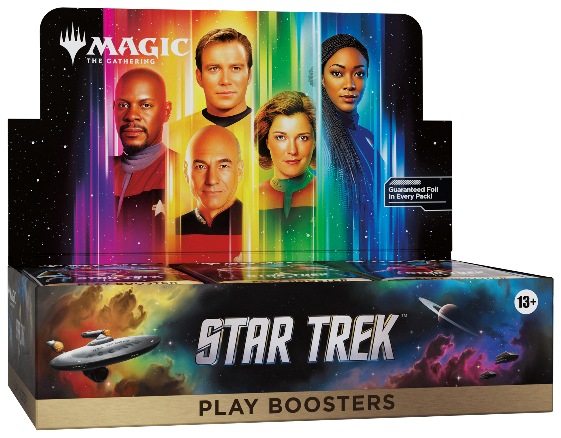 Magic: The Gathering - Star Trek - Play Booster Box (PREORDER) - The Gathering Star Trek Play Booster Box with colorful portraits of Star Trek characters and a spaceship on a black cosmic.