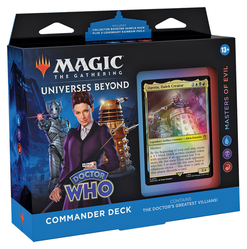 Magic: The Gathering - Doctor Who - Masters of Evil - The Gathering Universes Beyond Commander Deck featuring Doctor Who with vibrant artwork of the Doctor in purple suit and.