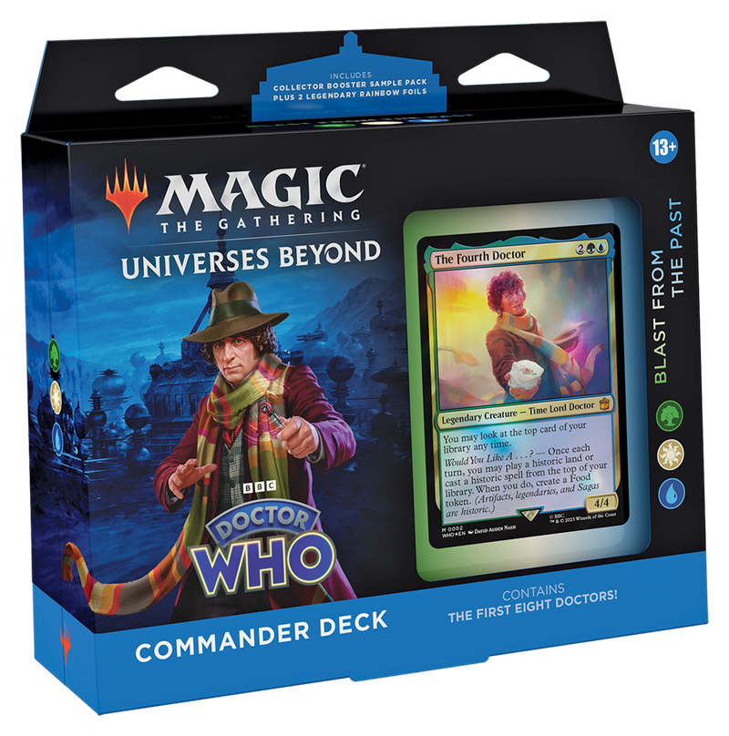 Magic: The Gathering - Doctor Who - Blast from the Past - The Gathering Doctor Who Commander Deck box with colorful sci-fi artwork and featured character card visible through window.