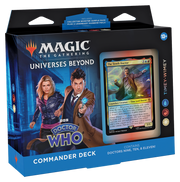 Magic: The Gathering - Doctor Who - Timey Wimey - The Gathering Universes Beyond Doctor Who Commander Deck box featuring colorful portraits of the Tenth, Ninth, and Eleventh.