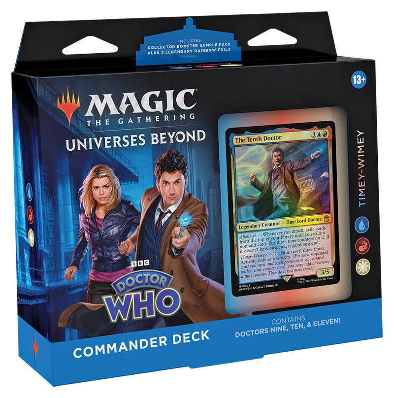 Magic: The Gathering - Doctor Who - Timey Wimey - The Gathering Universes Beyond Doctor Who Commander Deck box featuring colorful portraits of the Tenth, Ninth, and Eleventh.