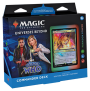Magic: The Gathering - Doctor Who - Paradox Power - The Gathering Universes Beyond Doctor Who Commander Deck box featuring illustrated characters and a holographic card preview
