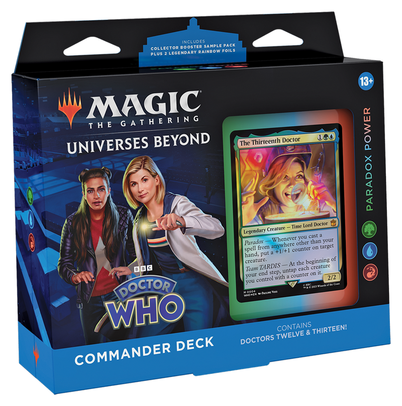 Magic: The Gathering - Doctor Who - Paradox Power - The Gathering Universes Beyond Doctor Who Commander Deck box featuring illustrated characters and a holographic card preview