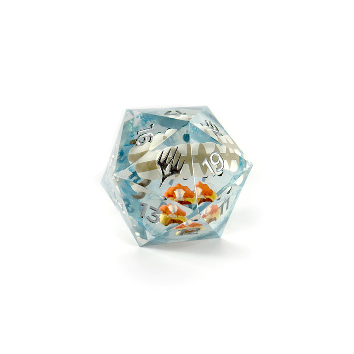 Sirius Dice 55mm Spindown d20: Magic the Gathering: Avatar The Last Airbender - Transparent blue 55mm d20 spindown dice with white numbers and Avatar The Last Airbender-themed interior design.