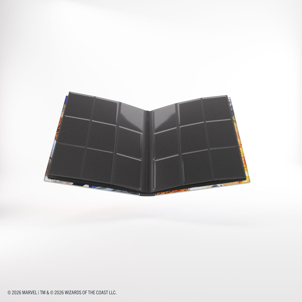 Gamegenic 18-Pocket Casual Album: Marvel Super Heroes - Marvel Super Heroes - Open black card album with 18 clear pockets, colorful Marvel Super Heroes-themed cover edges visible.