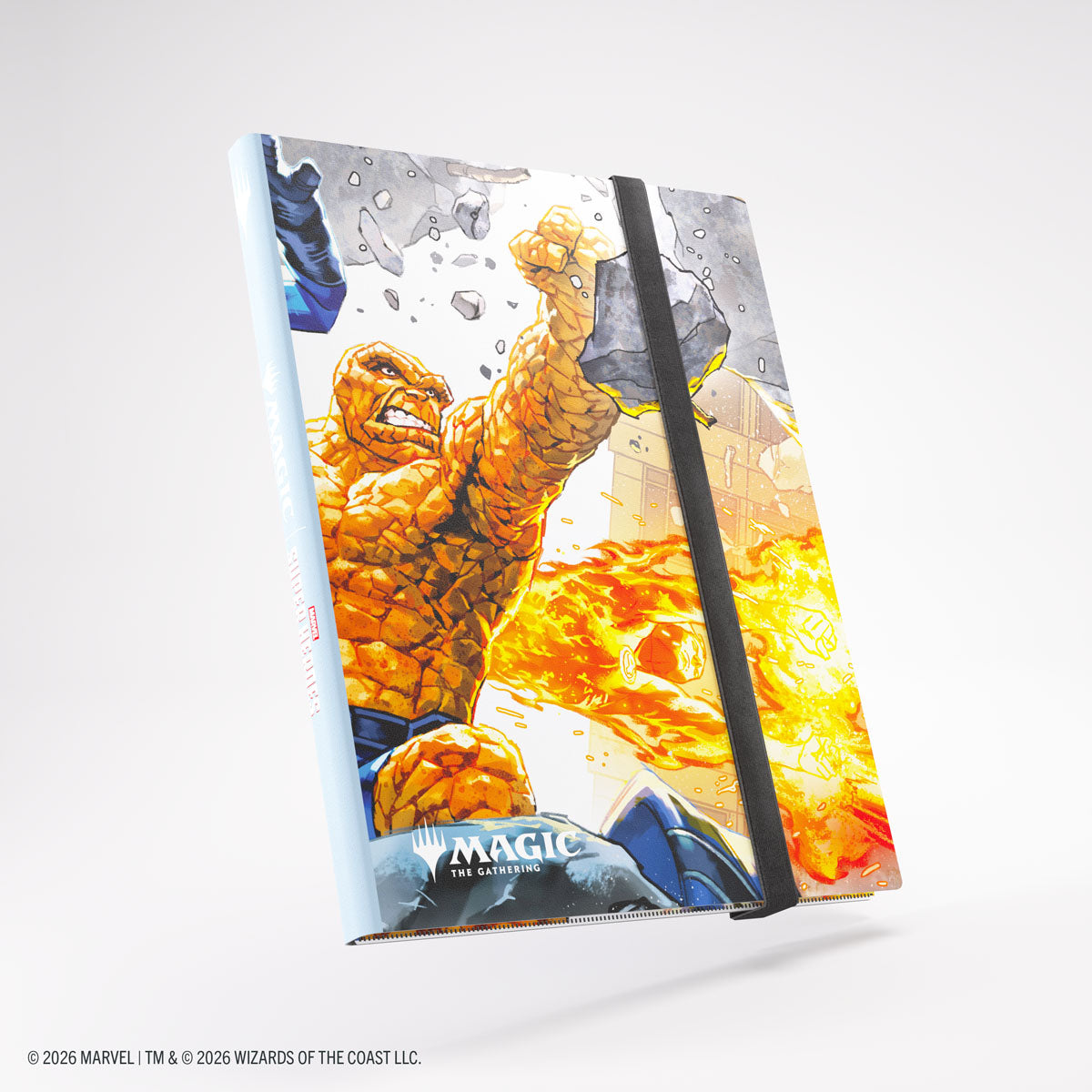 Gamegenic 18-Pocket Casual Album: Marvel Super Heroes - Marvel Super Heroes - Marvel Super Heroes game album with yellow-orange character design, light blue spine, black elastic band closure.