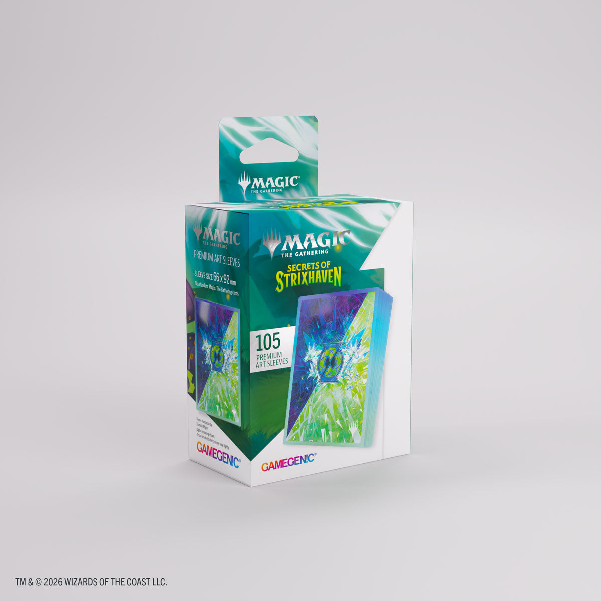 Gamegenic Premium Art Sleeves: Secrets of Strixhaven - Quandrix (PREORDER) - Clear card sleeves with vibrant blue, green, and purple fantasy art featuring glowing geometric shapes, designed for.