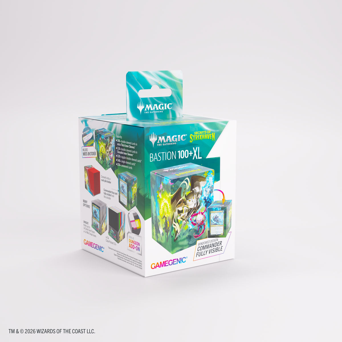 Gamegenic Bastion 100+ XL: Secrets of Strixhaven - Strixhaven Students (PREORDER) - White and teal Gamegenic Bastion 100+ XL deck box with Secrets of Strixhaven artwork featuring fantasy characters, shown.