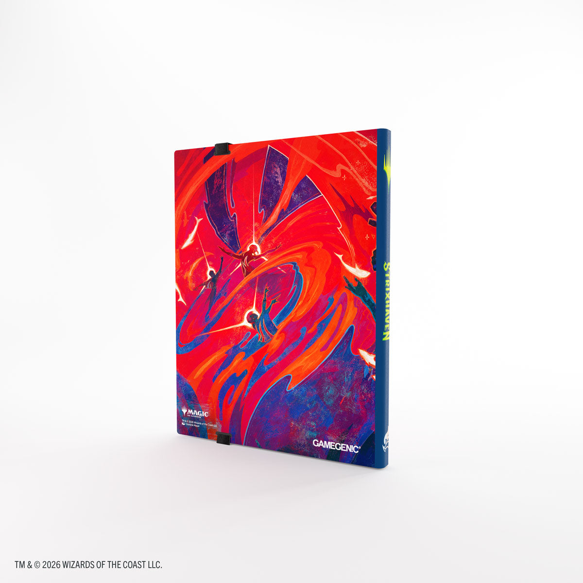 Gamegenic 18-Pocket Casual Album: Secrets of Strixhaven - Prismari (PREORDER) - Colorful binder-style album with red and blue abstract art, elastic band closure, and Gamegenic logo.