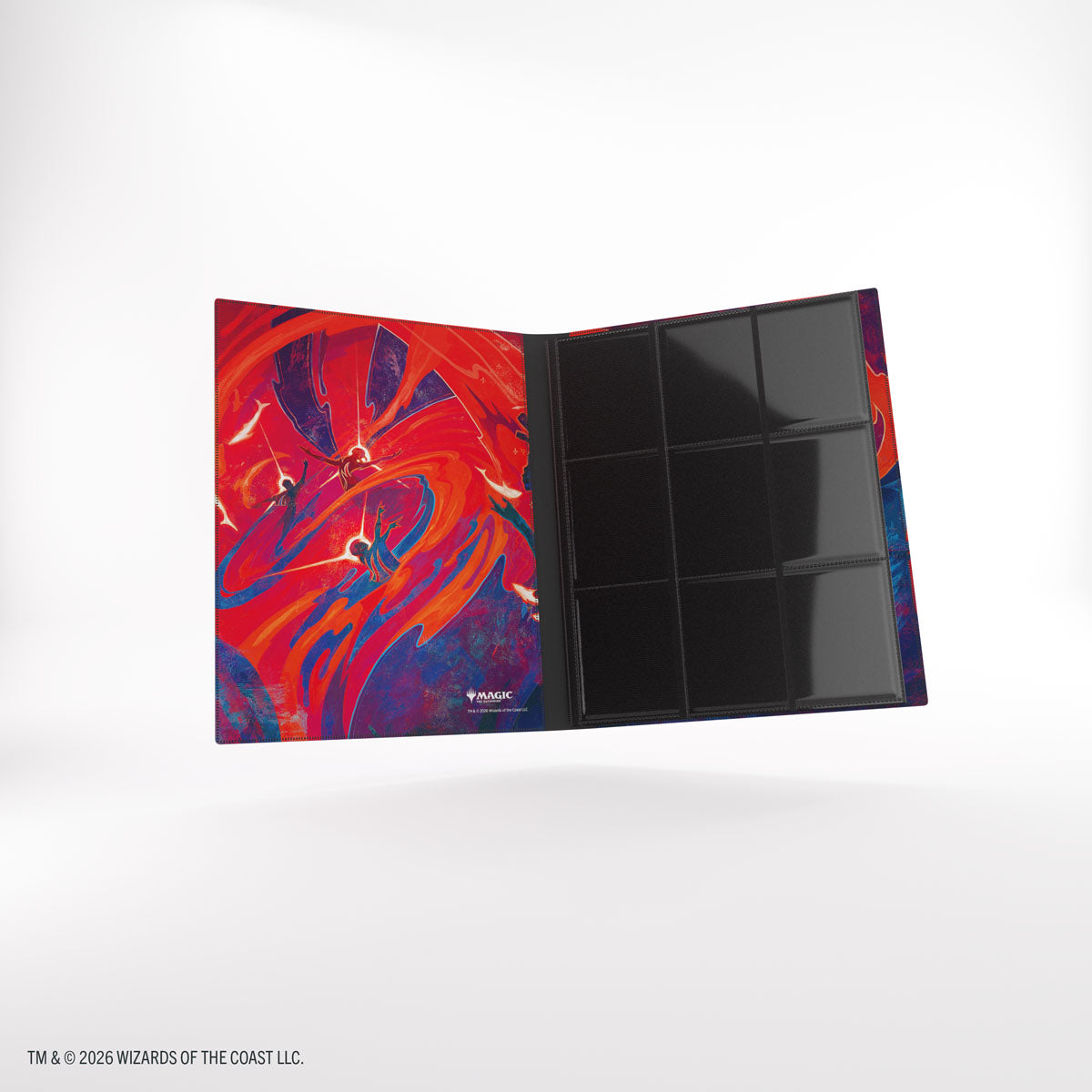 Gamegenic 18-Pocket Casual Album: Secrets of Strixhaven - Prismari (PREORDER) - Gamegenic 18-pocket card album with red, blue, and orange abstract swirl design, open to show clear black card sleeves.
