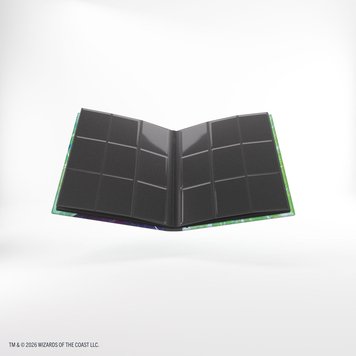 Gamegenic 18-Pocket Casual Album: Secrets of Strixhaven - Quandrix (PREORDER) - Open black card binder with 18 clear plastic pockets and a green and purple trim.