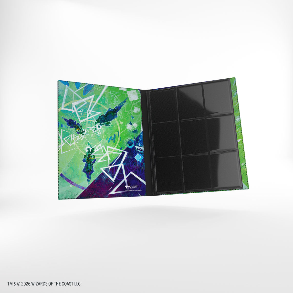 Gamegenic 18-Pocket Casual Album: Secrets of Strixhaven - Quandrix (PREORDER) - Gamegenic 18-pocket card album with green and blue geometric Quandrix artwork from Secrets of Strixhaven, open to show black