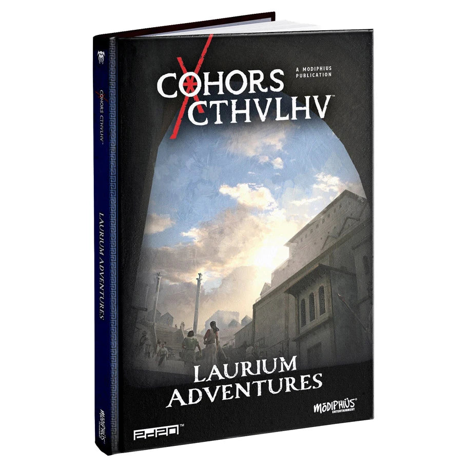 Cohors Cthulhu RPG Laurium Adventures - Dark-themed RPG book cover titled Cohors Cthulhu with a cloudy sky and Roman-style buildings under an archway.