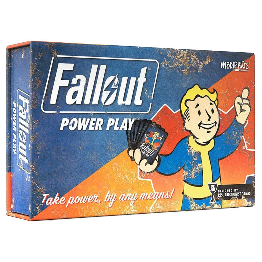 Fallout: Power Play (PREORDER) - Power Play card game box featuring Vault Boy character holding cards, with bold white lettering.