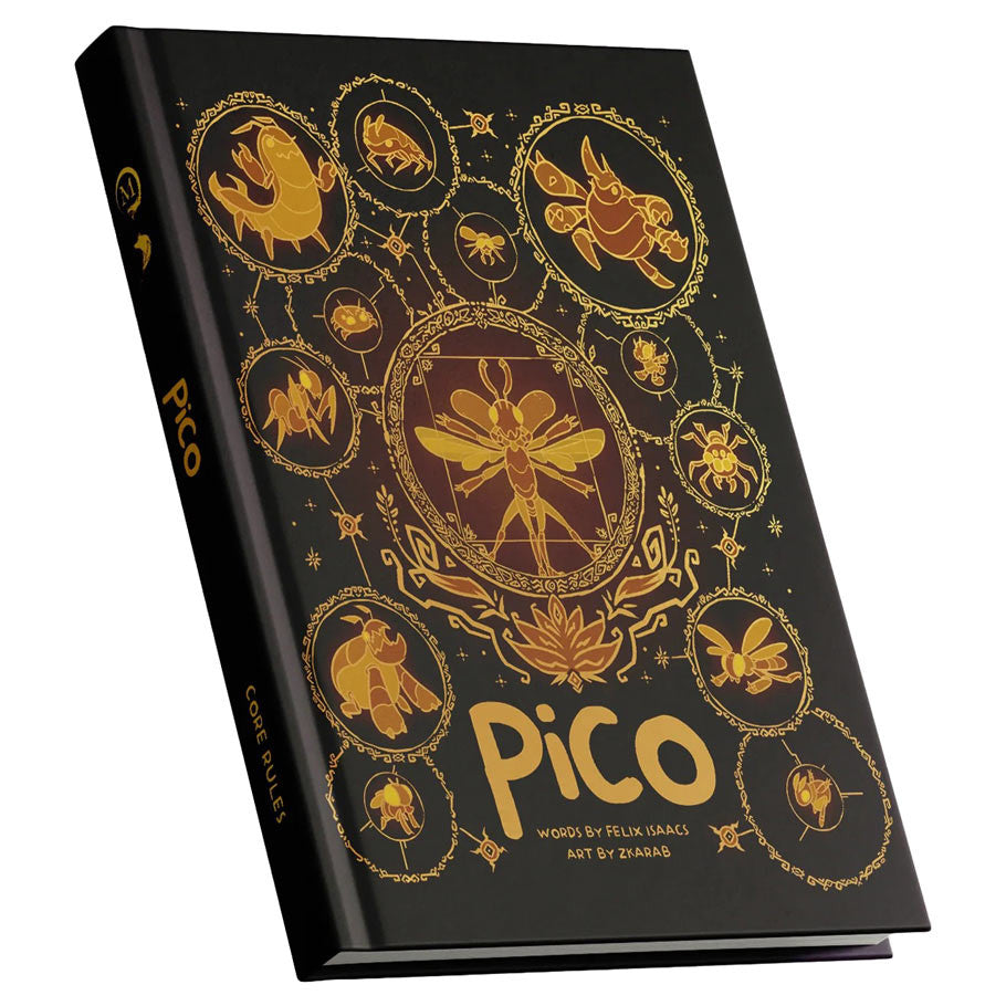 Pico RPG: Core Rules Collector's Edition (PREORDER) - Black hardcover book with intricate gold illustrations of insects and mystical symbols, titled "Pico" in bold letters on.