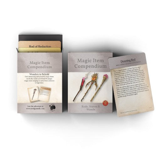 D&D 5E: Magic Items: Rods, Staves, & Wands - Set of D&D 5E Magic Item cards featuring rods, staves, and wands with detailed illustrations and descriptive text on sturdy.