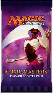 Magic: The Gathering - Iconic Masters Booster Pack - The Gathering Iconic Masters booster pack with purple background, fiery mage artwork, and gold text.