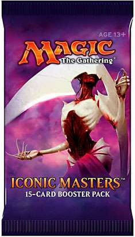 Magic: The Gathering - Iconic Masters Booster Pack - The Gathering Iconic Masters booster pack with purple background, fiery mage artwork, and gold text.